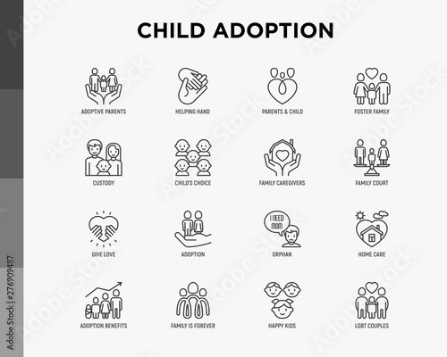 Child adoption thin line icons set: adoptive parents, helping hand, orphan, home care, LGBT couple with child, custody, cargivers, happy kid. Modern vector illustration. photo