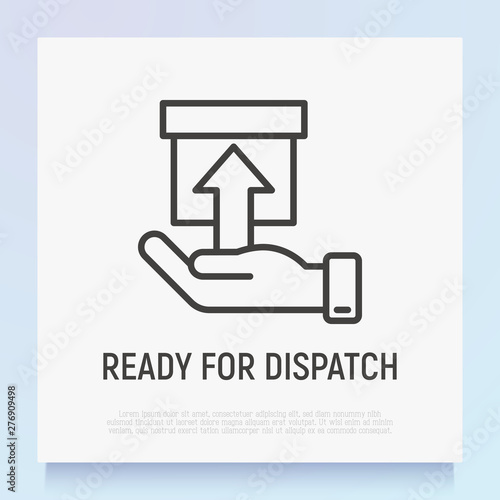 Ready for dispatch thin line icon: hand holding a parcel. Modern vector illustration for delivery service or pick up point.