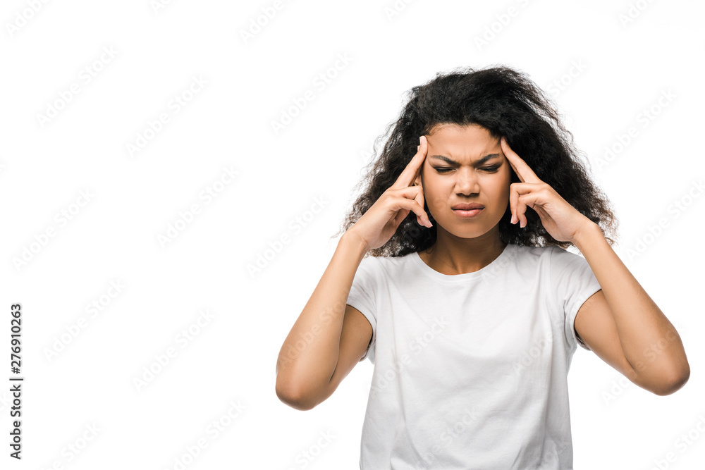 tired african american woman in white t-shirt touching temples isolated on white tired african american woman in white t-shirt touching temples isolated on white
