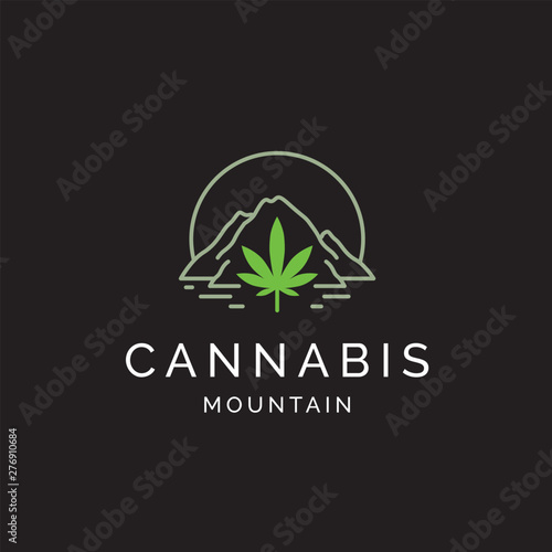 Cannabis leaf with mountain line art logo design