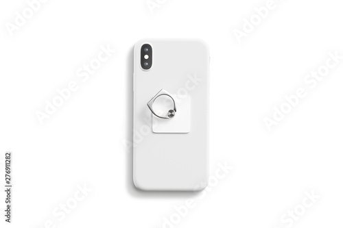 Blank white fingergrip sticked on cellphone mockup, isolated, top view