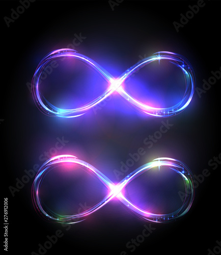 Set of the shining infinity symbols. Violet and purplr bright signs. Dynamic scintillating lines. Design elements. Vector volume sparkling illustration on dark background photo