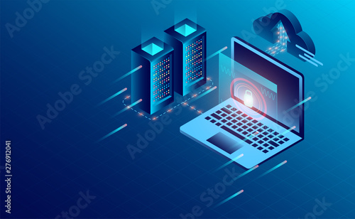 Datacenter server room cloud storage technology and big data processing Protecting data security concept. digital information. isometric. dark neon vector
