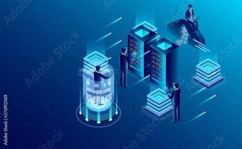 Datacenter server room cloud storage technology and big data processing Protecting data security concept. digital information. isometric. dark neon vector