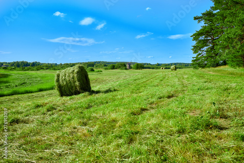 Twisted haystack on field. Haystack farmland field panorama. Haystack agrisulture farm field view.