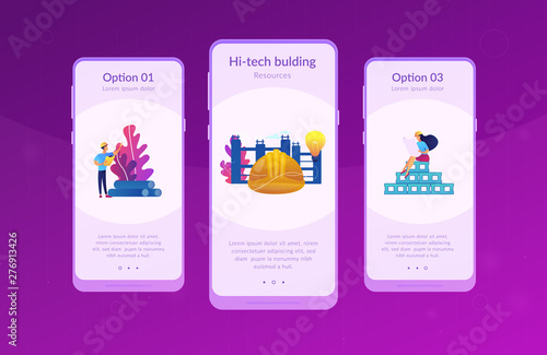 Building engineers using smart materials. Innovative construction materials, construction technology innovation, hi-tech bulding resources concept. Mobile UI UX GUI template, app interface wireframe