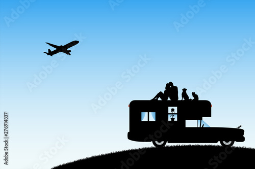 Lovers and pets on roof of cartoon retro car. Vector illustration with silhouette of couple on campsite and flying aircraft. Family road trip. Blue pastel background