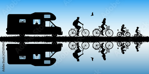Family on bikes and cartoon retro car. Active rest of parents with children. Vector illustration with silhouettes of cyclists on campsite. Family road trip. Blue pastel background