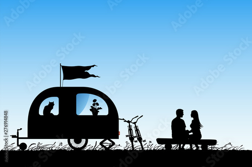 Lovers near camper trailer. Vector illustration with silhouette of couple sitting on log on campsite. Family road trip. Blue pastel background