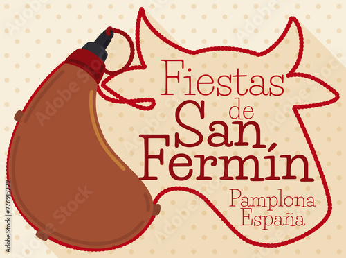 Canteen and Bull Silhouette with Cords for San Fermin Celebration, Vector Illustration