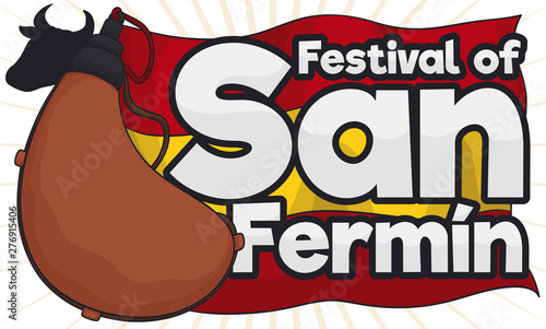 Spain Flag with Canteen and Bull Silhouette for San Fermin, Vector Illustration