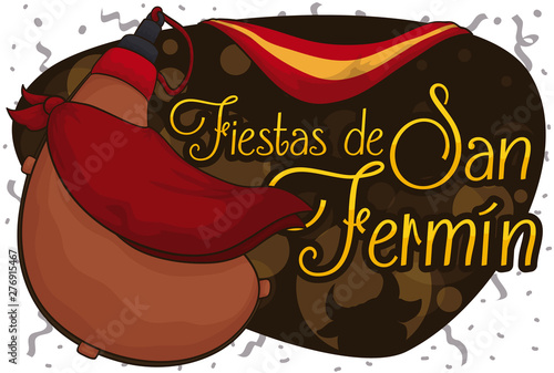 Bota Bag with Flag and Handkerchief to Celebrate San Fermin, Vector Illustration