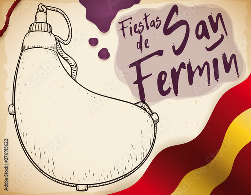 Spain Flag, Canteen Draw and Wine Spot for San Fermin, Vector Illustration photo