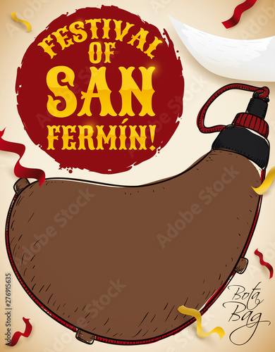 Hand Drawn Canteen, Bull Horn and Streamers for San Fermin, Vector Illustration