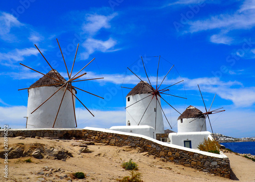famous white windmills of Mykonos (Greece), Cyclades island in the heart of the Aegean Sea
