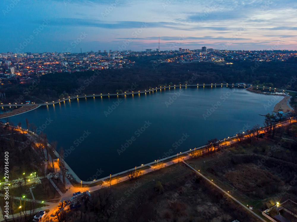 Aerial drone view of valea morilor park and lake