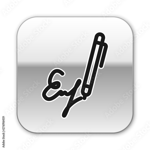 Black Signature line icon isolated on white background. Pen and undersign, underwrite, ratify symbol. Silver square button. Vector Illustration