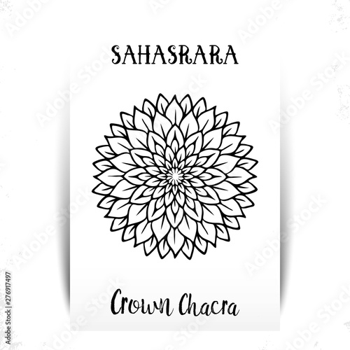 Seventh, crown chakra - Sahasrara. Illustration of one of the seven chakras. The symbol of Hinduism, Buddhism. Violet watercolor fog on background.
