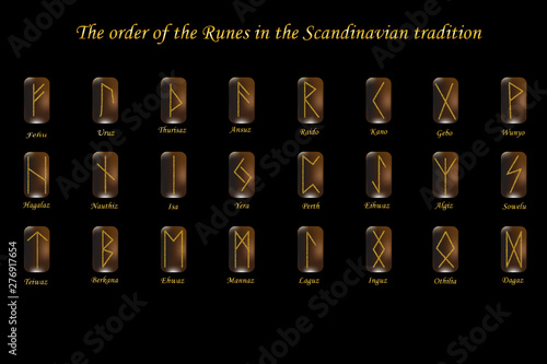 Vector illustration of characters rune gold dust on a wooden form on a black background.