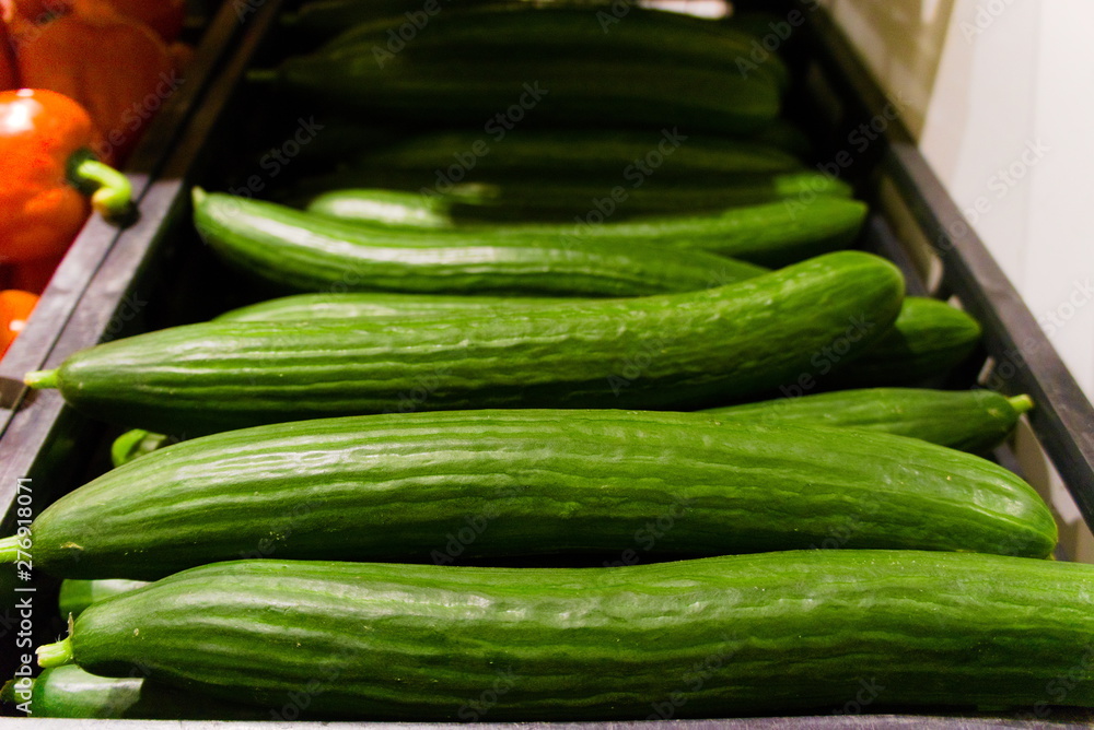 healthy green cucumbers sold at the supermarket