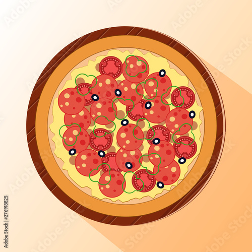 Vector illustration of pizza topped by tomatoes, cheese and salami