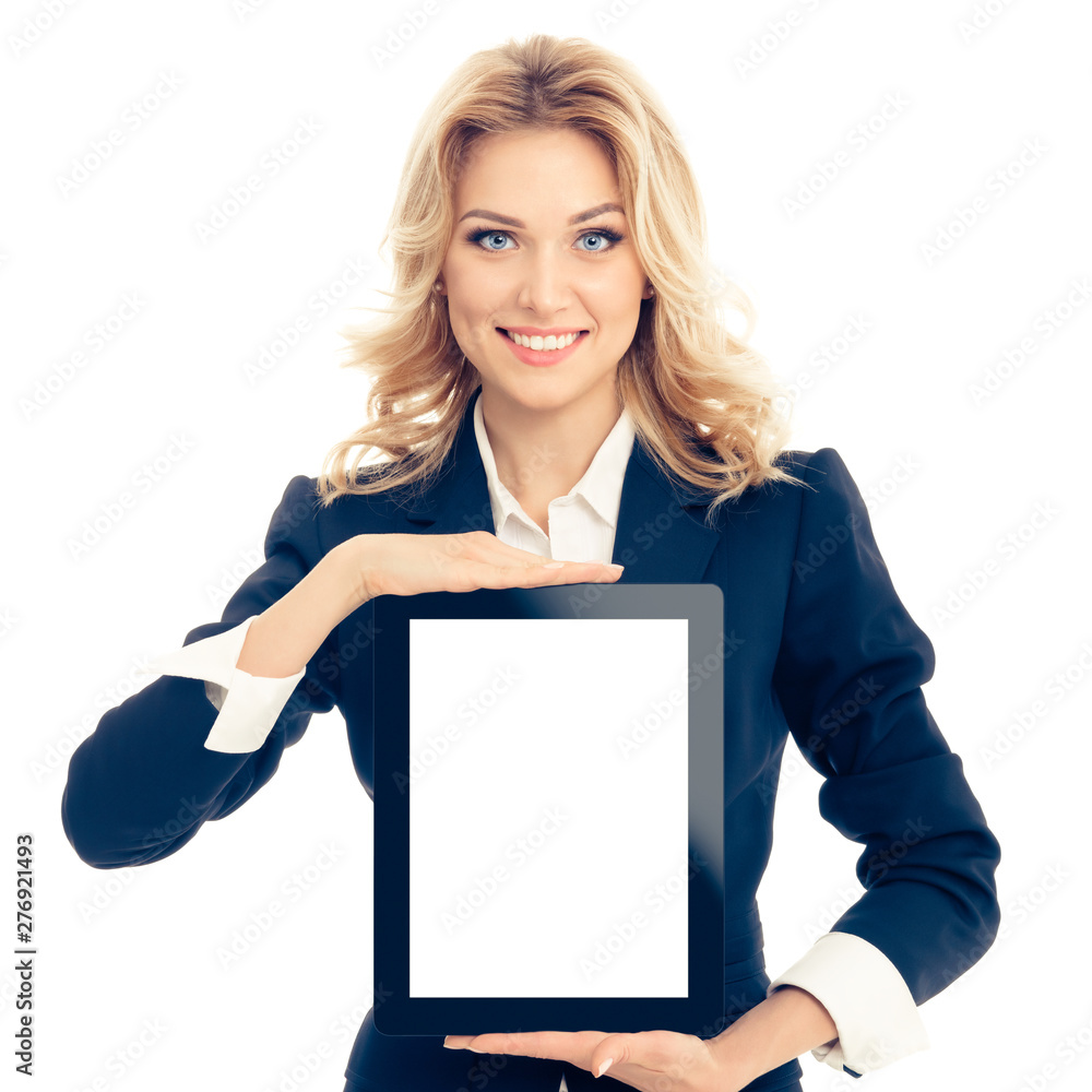 Naklejka premium Businesswoman showing blank tablet pc, against white color background