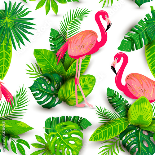 Seamless pattern with tropical exotic leaves and pink flamingos. Vector illustration.