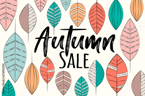 Autumn sale banner, with leaves background, hand drawn. Ready to use in social media, posters, banners, wallpapers, postcards and patterns. 