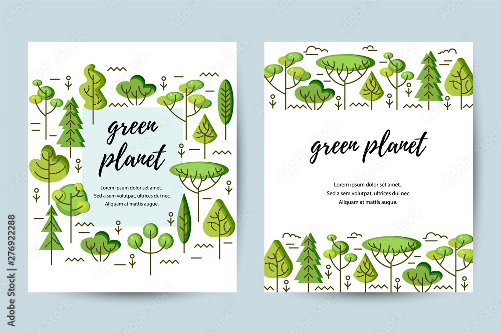 Vector illustration with trees. Place for text. Ecological concept. Template for flyer, poster, invitation, web, announcement. Flat and line style design.