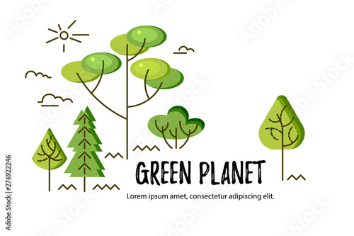Vector illustration with trees. Place for text. Ecological concept. Template for flyer  poster  invitation  web  announcement  headline. Flat and line style design.
