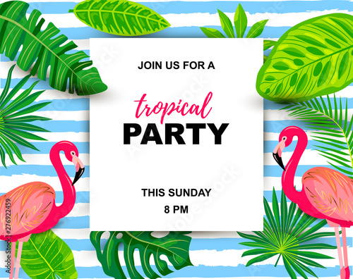 Pink flamingos and exotic palm leaves. Tropical party vector illustration. Place for text. Seasonal template for vacation, poster, banner, flyer, invitation, pool party.