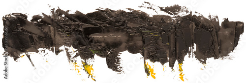 Long hand drawn isolated paintbrush stripe with dirty black color with rare yellow spots, eps 10 vector illustration