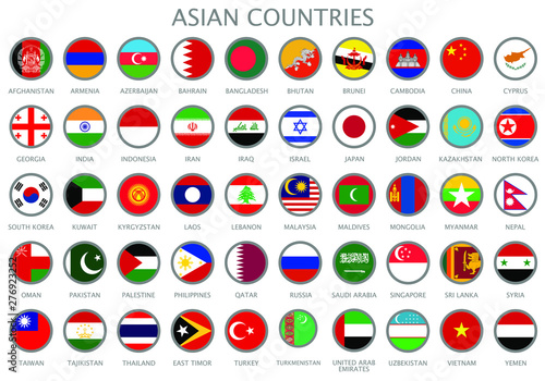 All national flags of the Asian countries in alphabetical order. Official colors flags and round design. Vector illustration