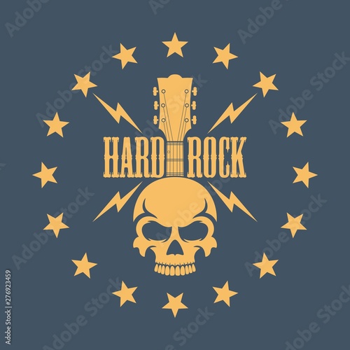 Skull with a guitar and stars with text. Illustration on the theme of rock music