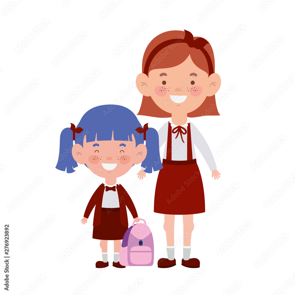 student girls standing smiling on white background