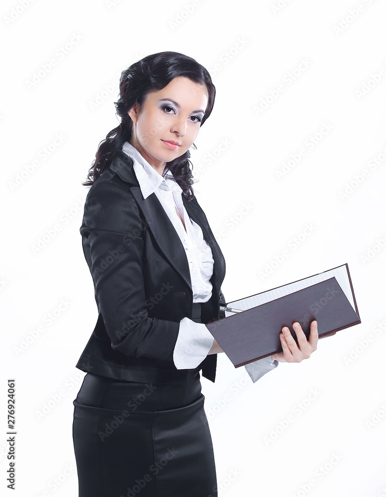 business woman flipping through a folder of documents.isolated on white business woman flipping through a folder of documents.isolated on white