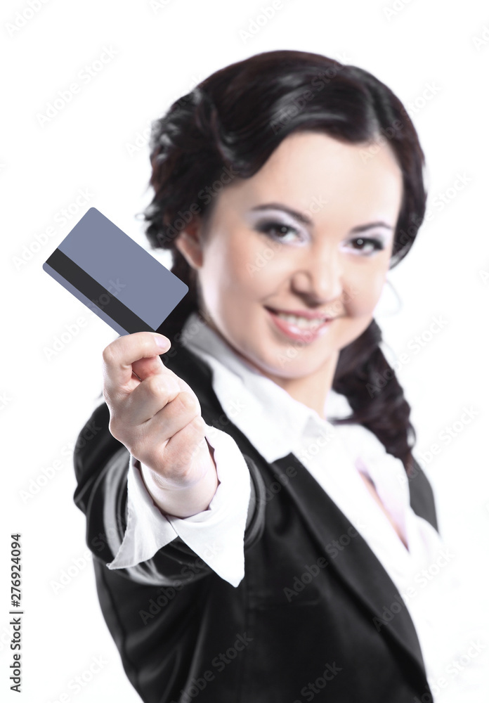 Naklejka business woman showing blank credit card.isolated on white