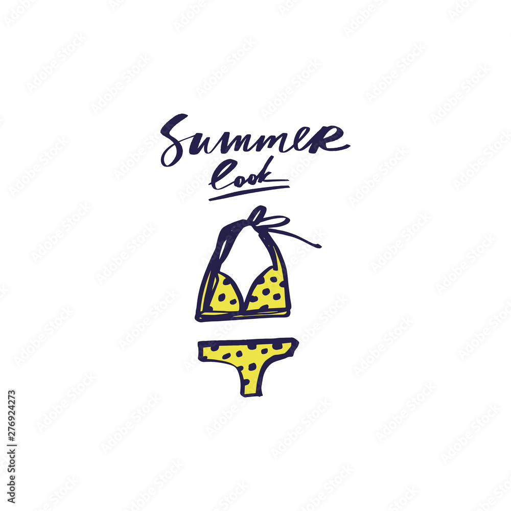 Summer starter pack clothing. Two piece swimsuit. Handdrawn cute lettering text. Vector.