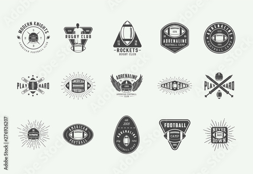Set of vintage rugby and american football labels, emblems, badges and logo. Vector illustration.