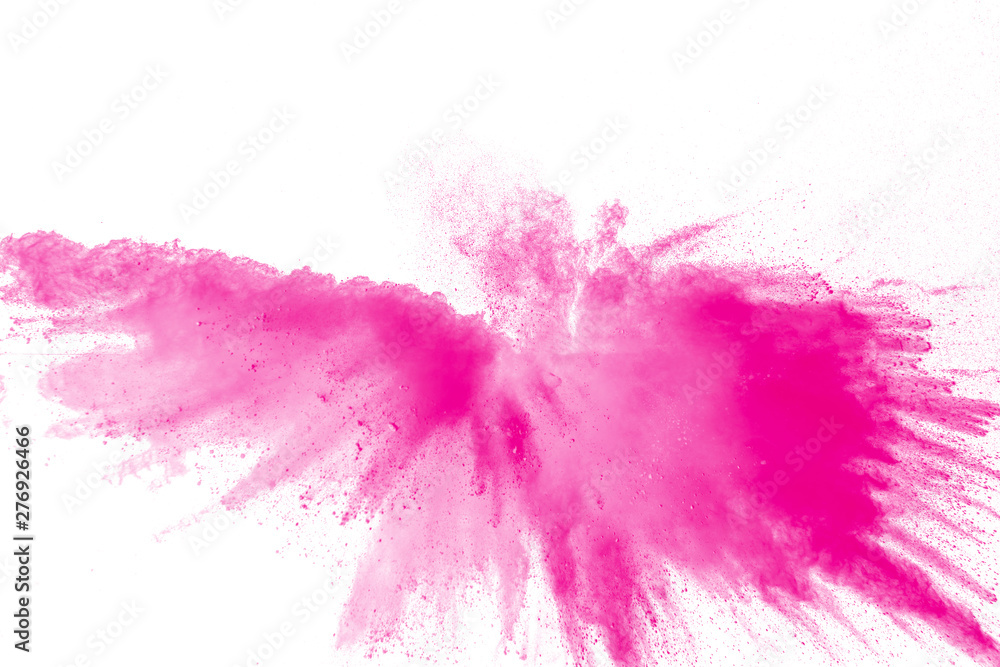 Fototapeta premium Pink dust particles splash.Pink powder explosion on white background.