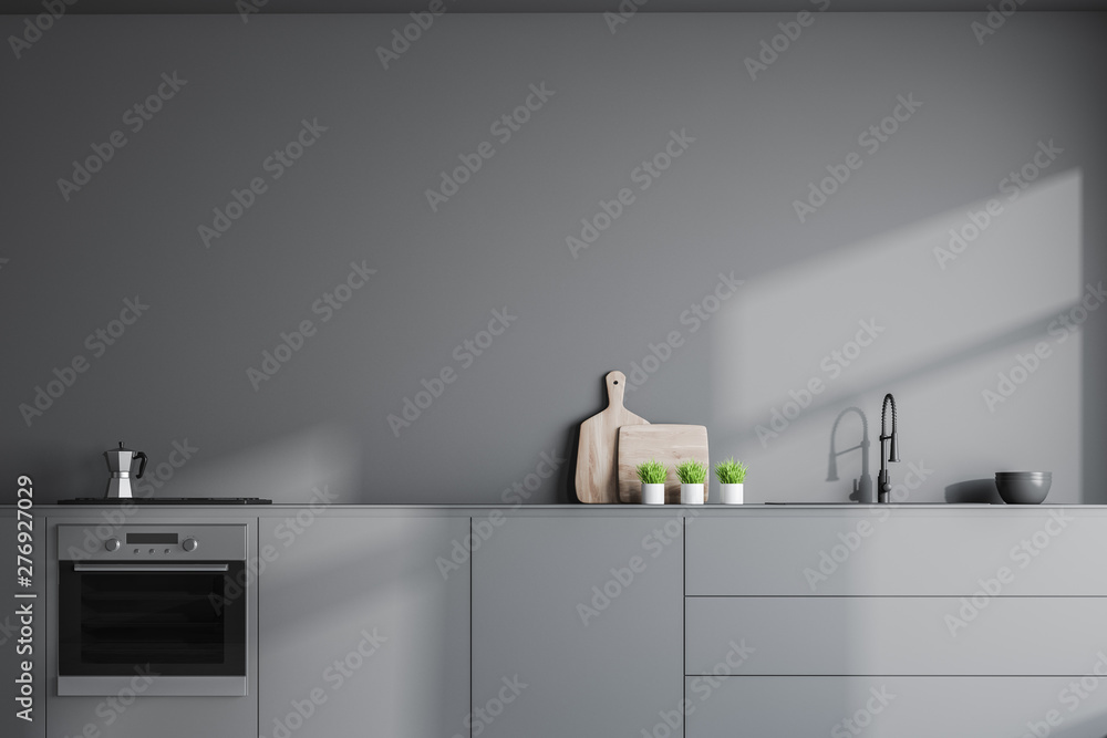 Gray kitchen interior with countertops - obrazy, fototapety, plakaty 