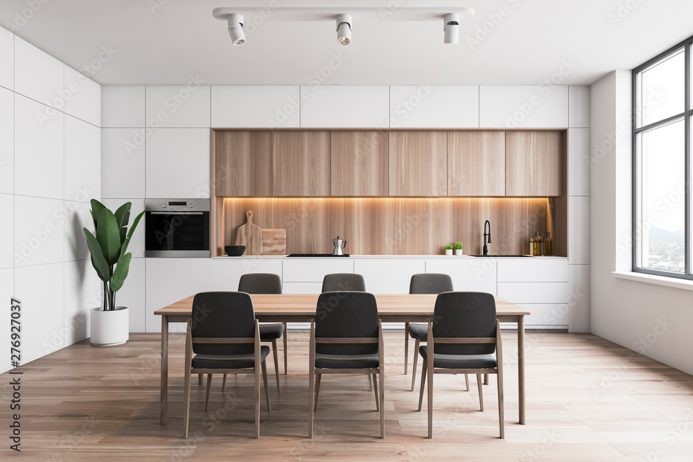 Fototapeta premium White and wood kitchen, counters and table