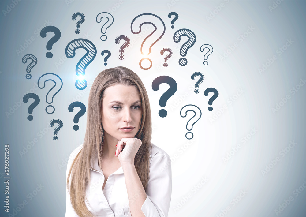 Pensive young woman, many questions Pensive young woman, many questions