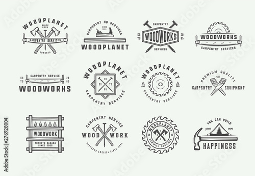 Set of vintage carpentry  woodwork and mechanic labels  badges  emblems and logo. Vector illustration. Monochrome Graphic Art.