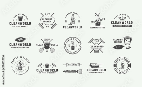 Set of retro cleaning logo badges  emblems and labels in vintage style. Monochrome Graphic Art. Vector Illustration.