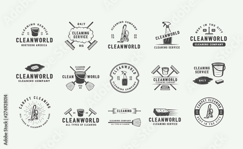 Set of retro cleaning logo badges, emblems and labels in vintage style. Monochrome Graphic Art. Vector Illustration.