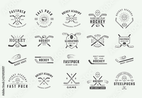 Set of vintage hockey emblems, logos, badges, labels and design elements. Graphic Art. Vector Illustration. - Vector