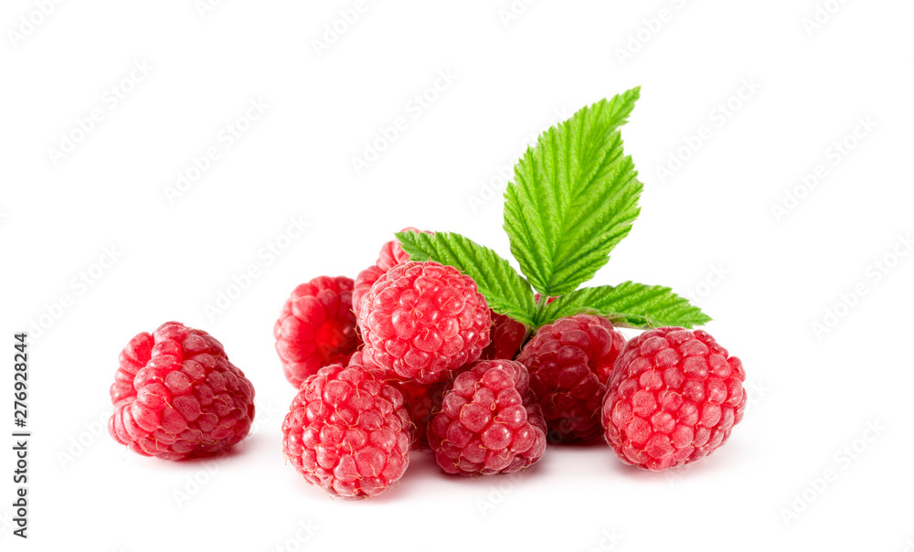 Close up view of fresh raspberries fruits with green leaf of raspberry bush isolated on white background Close up view of fresh raspberries fruits with green leaf of raspberry bush isolated on white background