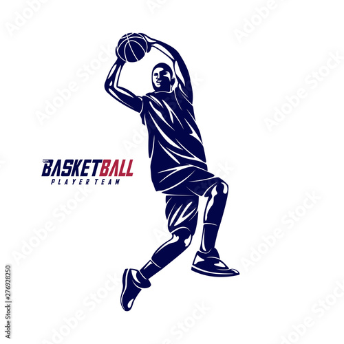 Modern Basketball Sport Silhouette Logo Vector Template. Basketball player slam dunk Design Vector