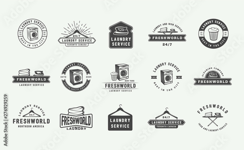 Set of retro cleaning logo badges, emblems and labels in vintage style. Monochrome Graphic Art. Vector Illustration.